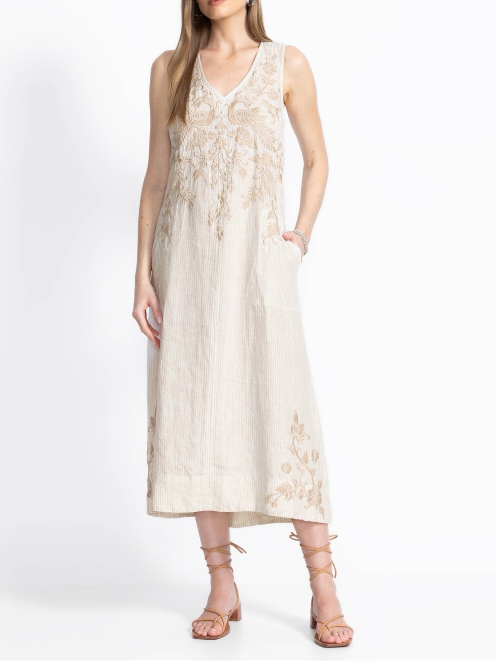 Johnny Was Cream Embroidered V-Neck  Midi Linen Tank Dress